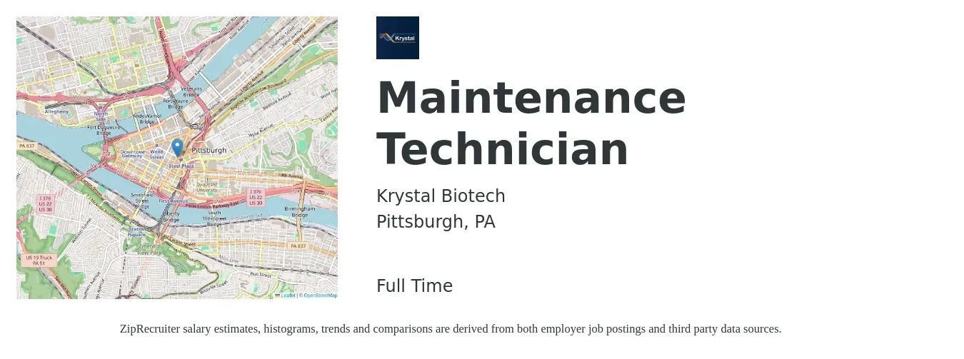Krystal Biotech job posting for a Maintenance Technician in Pittsburgh, PA with a salary of $19 to $26 Hourly with a map of Pittsburgh location.