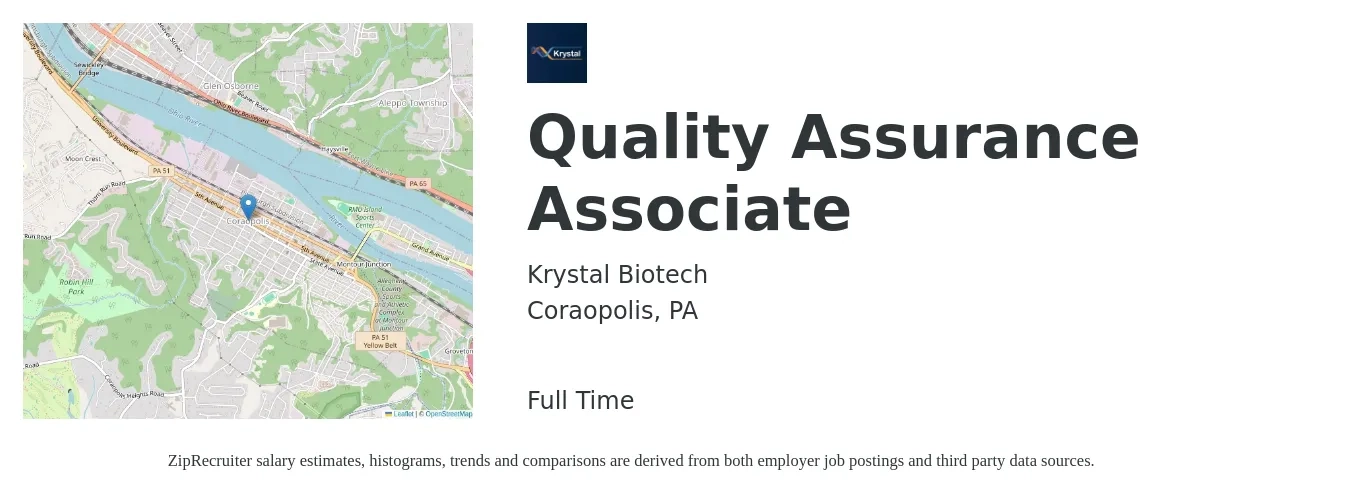 Krystal Biotech job posting for a Quality Assurance Associate in Coraopolis, PA with a salary of $18 to $34 Hourly with a map of Coraopolis location.