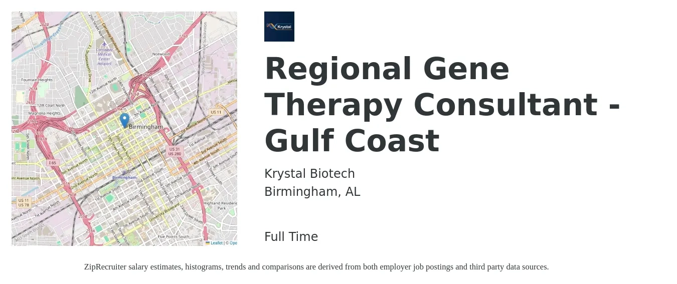 Krystal Biotech job posting for a Regional Gene Therapy Consultant - Gulf Coast in Birmingham, AL with a salary of $53,900 to $57,600 Yearly with a map of Birmingham location.