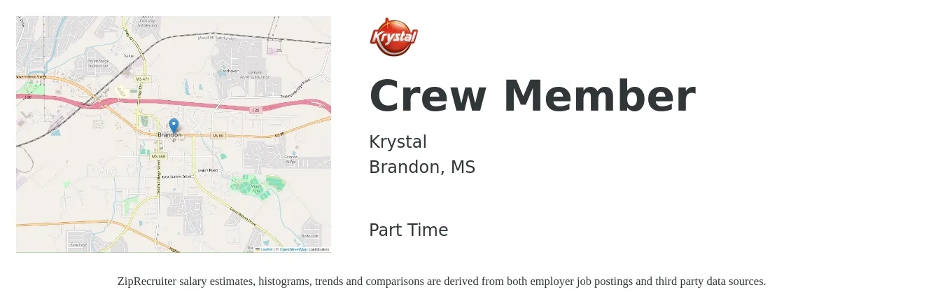 Krystal job posting for a Crew Member in Brandon, MS with a salary of $9 to $12 Hourly with a map of Brandon location.