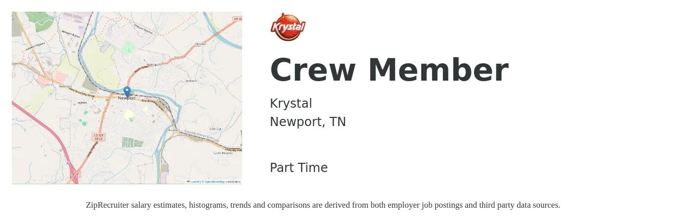 Krystal job posting for a Crew Member in Newport, TN with a salary of $10 to $14 Hourly with a map of Newport location.
