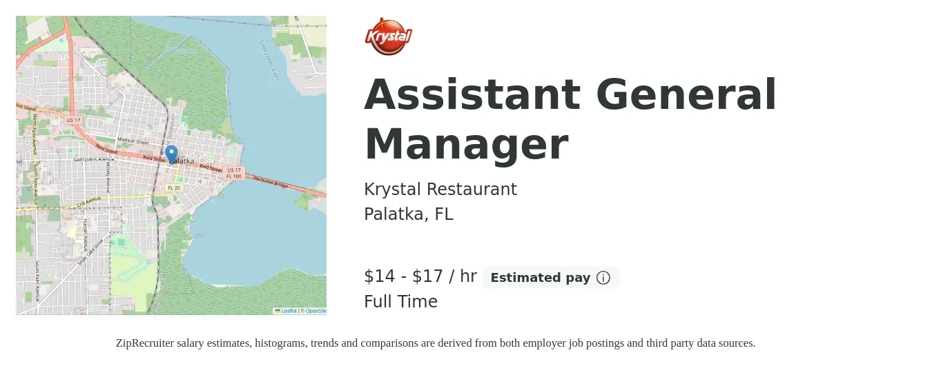 Krystal Restaurant job posting for a Assistant General Manager in Palatka, FL with a salary of $14 to $22 Hourly with a map of Palatka location.