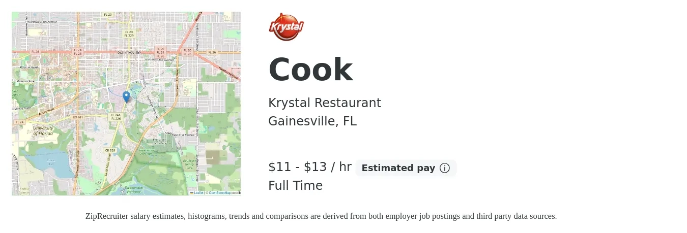 Krystal Restaurant job posting for a Cook in Gainesville, FL with a salary of $12 to $14 Hourly with a map of Gainesville location.