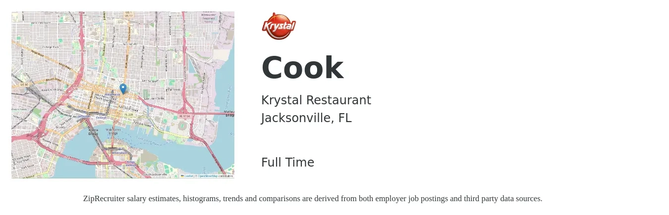 Krystal Restaurant job posting for a Cook in Jacksonville, FL with a salary of $12 to $14 Hourly with a map of Jacksonville location.