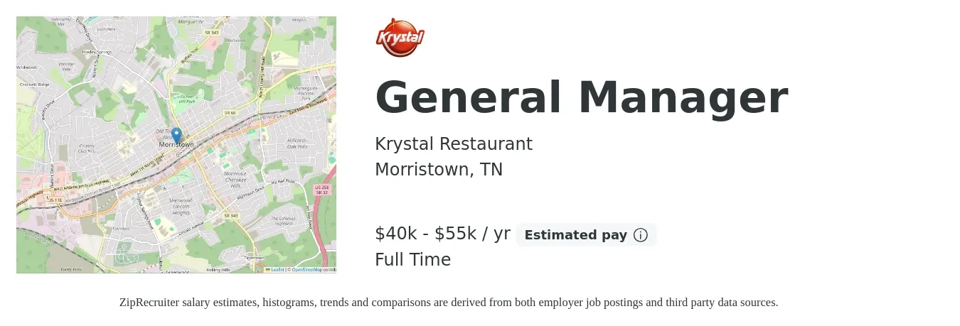 Krystal Restaurant job posting for a General Manager in Morristown, TN with a salary of $40,000 to $55,000 Yearly with a map of Morristown location.