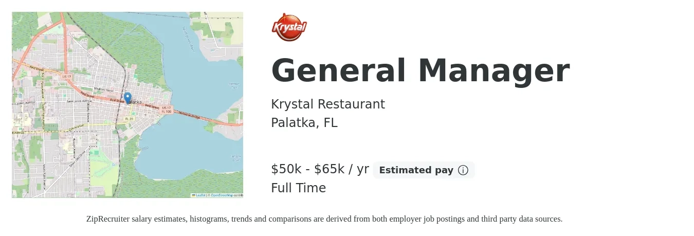 Krystal Restaurant job posting for a General Manager in Palatka, FL with a salary of $50,000 to $65,000 Yearly with a map of Palatka location.