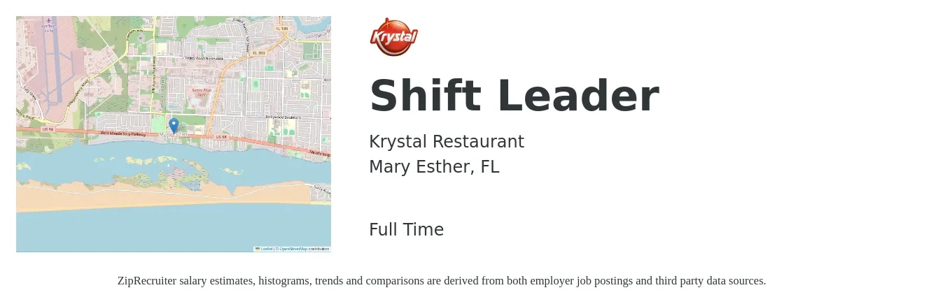 Krystal Restaurant job posting for a Shift Leader in Mary Esther, FL with a salary of $12 to $16 Hourly with a map of Mary Esther location.