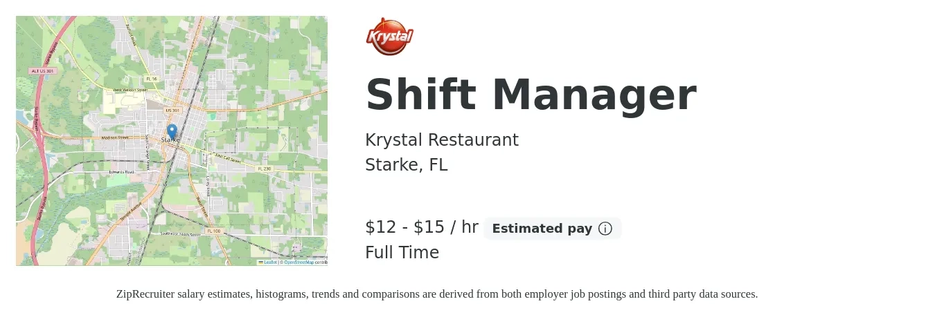 Krystal Restaurant job posting for a Shift Manager in Starke, FL with a salary of $13 to $16 Hourly with a map of Starke location.