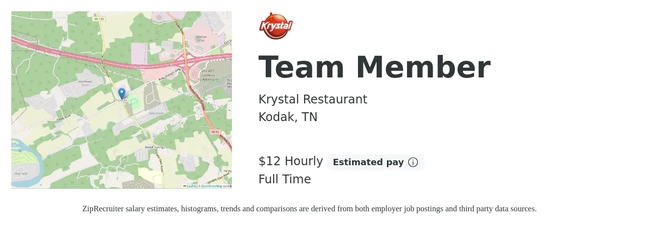 Krystal Restaurant job posting for a Team Member in Kodak, TN with a salary of $13 Hourly with a map of Kodak location.