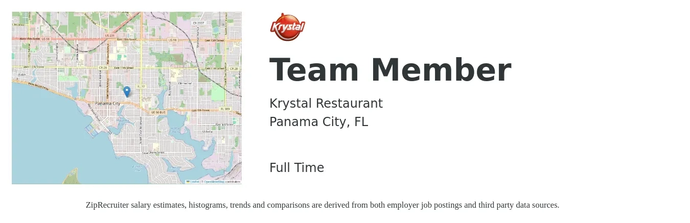 Krystal Restaurant job posting for a Team Member in Panama City, FL with a salary of $11 to $14 Hourly with a map of Panama City location.