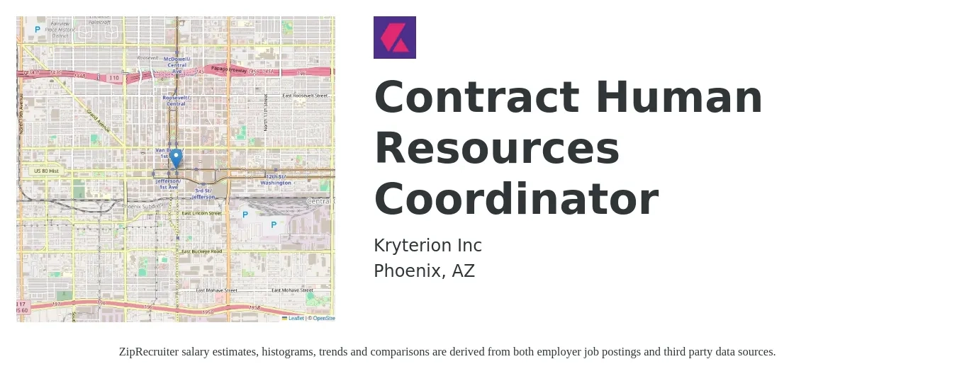 Kryterion Inc job posting for a Contract Human Resources Coordinator in Phoenix, AZ with a salary of $20 to $27 Hourly with a map of Phoenix location.