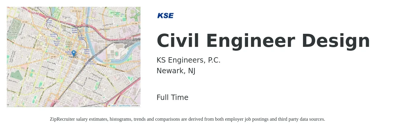 KS Engineers, P.C. job posting for a Civil Engineer Design in Newark, NJ with a salary of $70,600 to $103,000 Yearly with a map of Newark location.