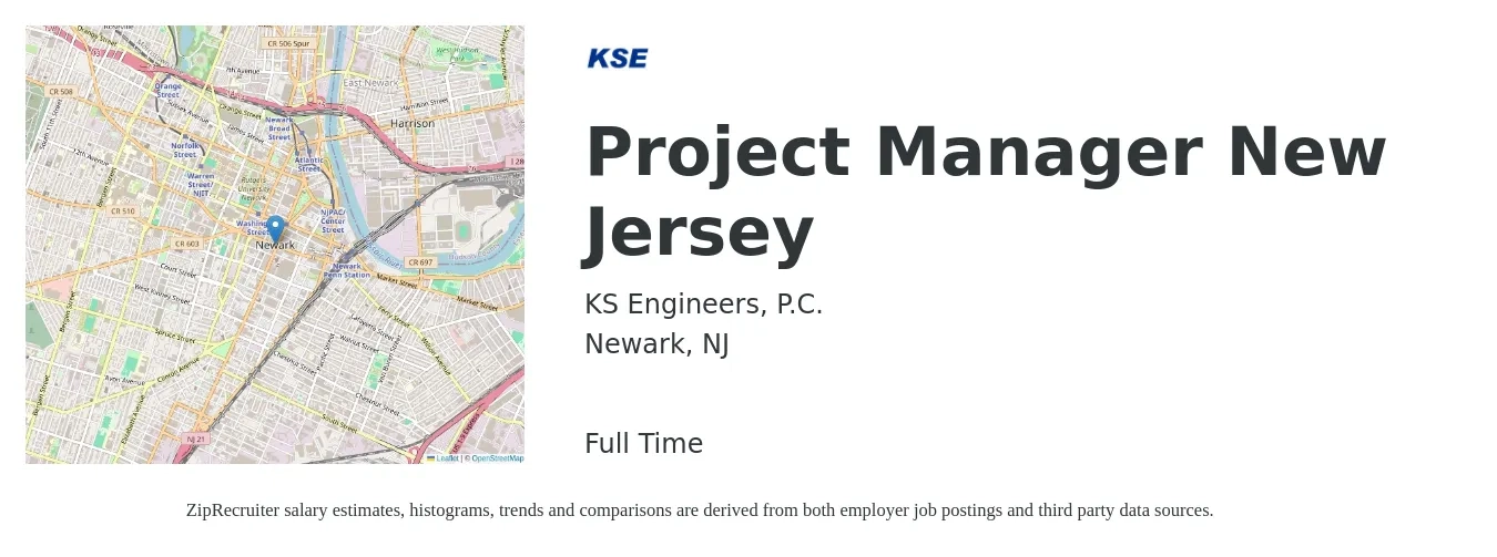KS Engineers, P.C. job posting for a Project Manager New Jersey in Newark, NJ with a salary of $82,100 to $128,600 Yearly with a map of Newark location.