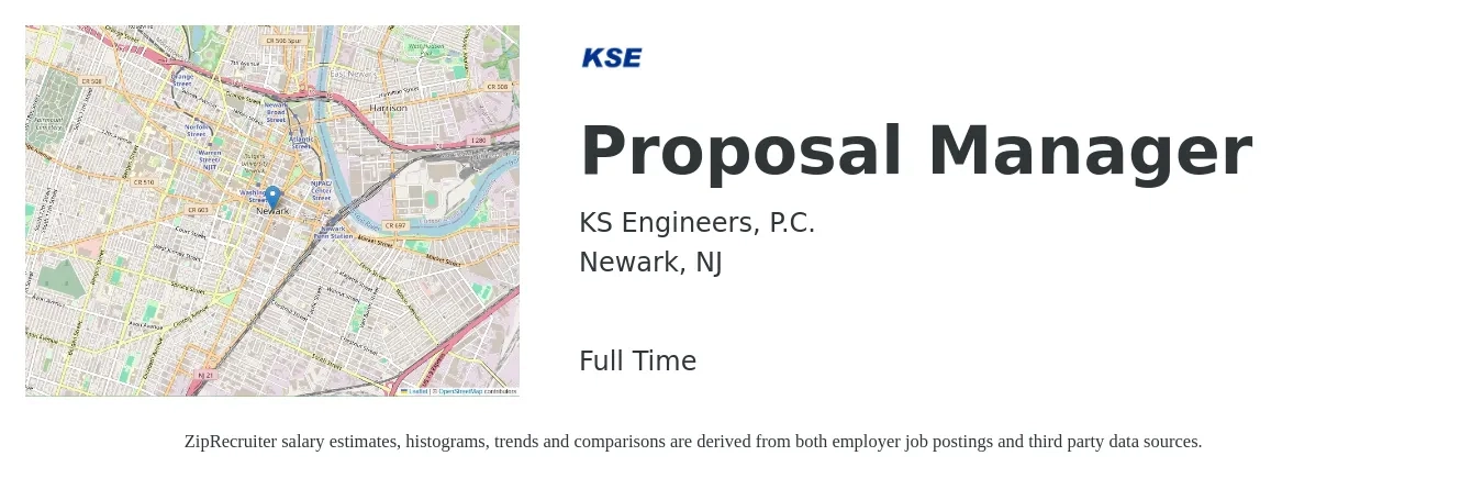 KS Engineers, P.C. job posting for a Proposal Manager in Newark, NJ with a salary of $84,200 to $123,400 Yearly with a map of Newark location.
