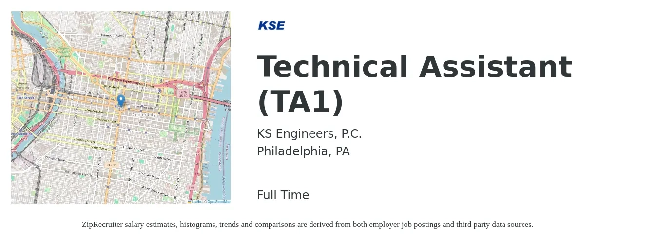 KS Engineers, P.C. job posting for a Technical Assistant (TA1) in Philadelphia, PA with a salary of $35,800 to $42,100 Yearly with a map of Philadelphia location.