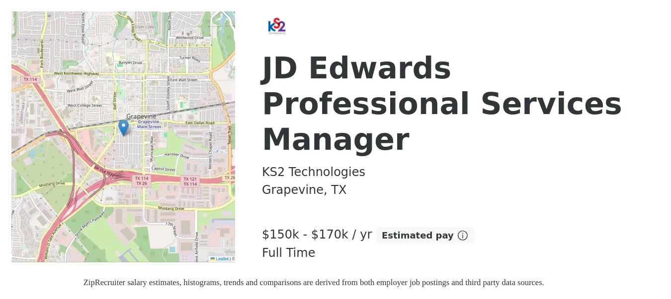 KS2 Technologies job posting for a JD Edwards Professional Services Manager in Grapevine, TX with a salary of $150,000 to $170,000 Yearly with a map of Grapevine location.