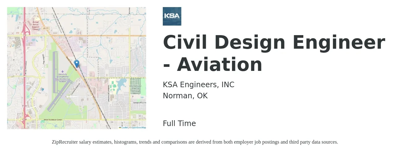 KSA Engineers Inc job posting for a Civil Design Engineer - Aviation in Norman, OK with a salary of $59,500 to $86,900 Yearly with a map of Norman location.
