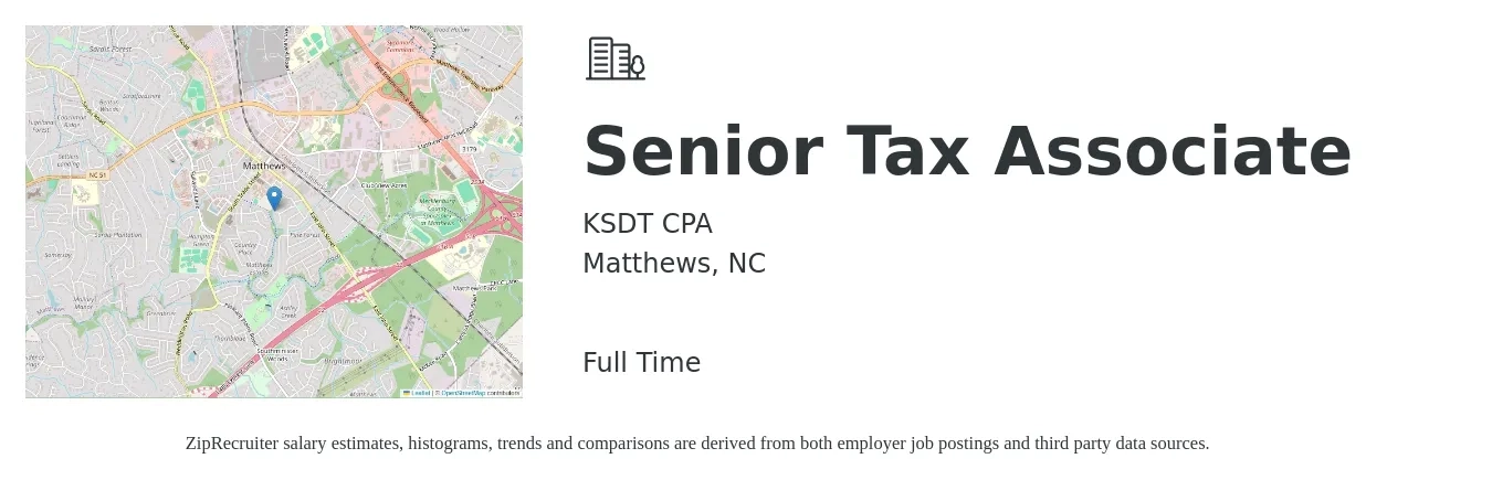 KSDT CPA job posting for a Senior Tax Associate in Matthews, NC with a salary of $76,600 to $94,900 Yearly with a map of Matthews location.