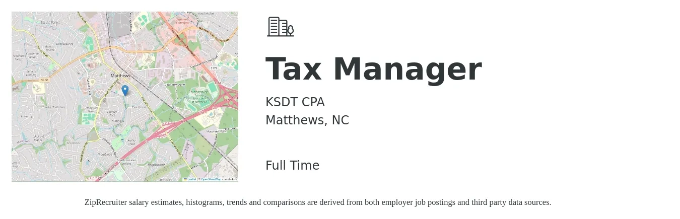 KSDT CPA job posting for a Tax Manager in Matthews, NC with a salary of $104,300 to $136,700 Yearly with a map of Matthews location.