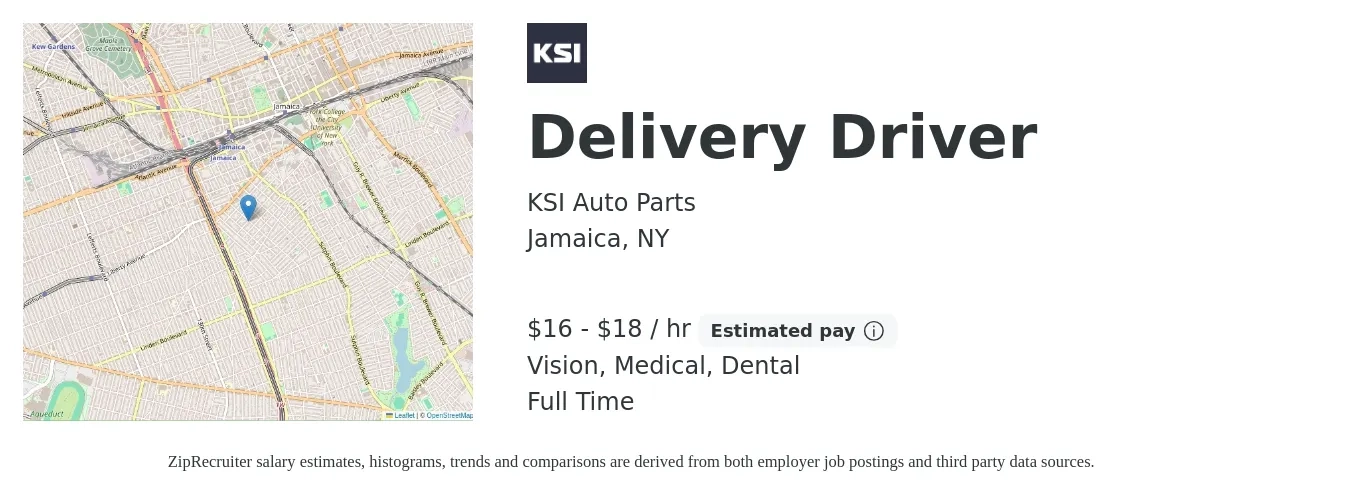 KSI Auto Parts job posting for a Delivery Driver in Jamaica, NY with a salary of $17 to $19 Hourly and benefits including medical, pto, retirement, vision, dental, and life_insurance with a map of Jamaica location.