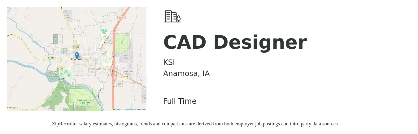 KSI job posting for a CAD Designer in Anamosa, IA with a salary of $27 to $37 Hourly with a map of Anamosa location.