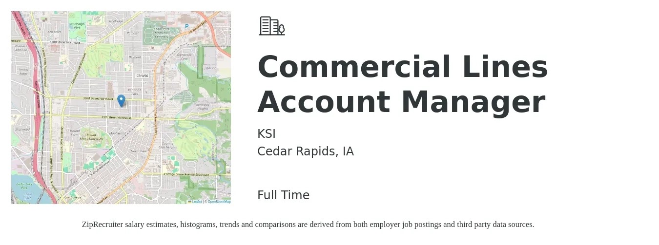 KSI job posting for a Commercial Lines Account Manager in Cedar Rapids, IA with a salary of $55,100 to $80,000 Yearly with a map of Cedar Rapids location.