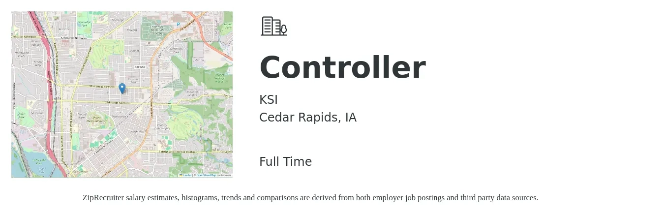 KSI job posting for a Controller in Cedar Rapids, IA with a salary of $90,000 to $110,000 Yearly with a map of Cedar Rapids location.