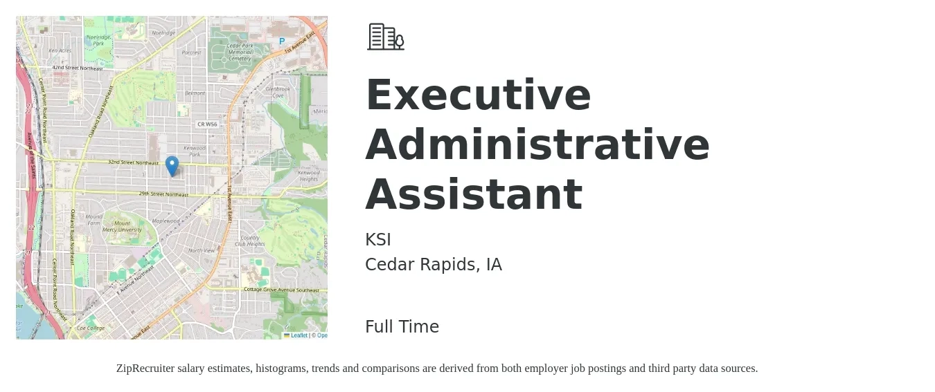 KSI job posting for a Executive Administrative Assistant in Cedar Rapids, IA with a salary of $23 to $36 Hourly with a map of Cedar Rapids location.