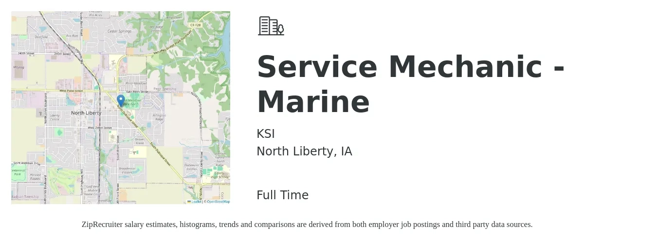 KSI job posting for a Service Mechanic - Marine in North Liberty, IA with a salary of $40,000 to $60,000 Yearly with a map of North Liberty location.