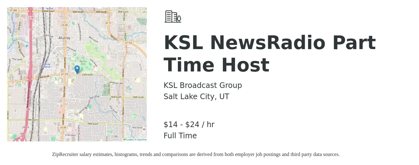 KSL Broadcast Group job posting for a KSL NewsRadio Part Time Host in Salt Lake City, UT with a salary of $15 to $25 Hourly with a map of Salt Lake City location.