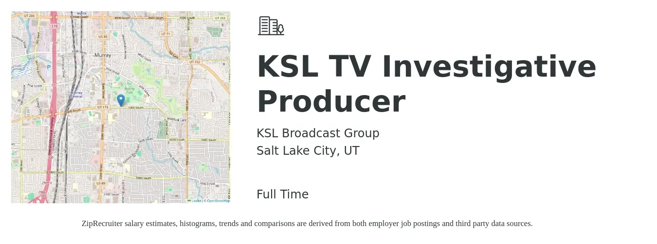 KSL Broadcast Group job posting for a KSL TV Investigative Producer in Salt Lake City, UT with a salary of $19 to $29 Hourly with a map of Salt Lake City location.