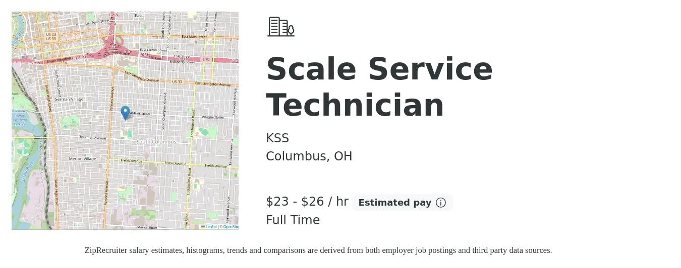 KSS job posting for a Scale Service Technician in Columbus, OH with a salary of $24 to $28 Hourly with a map of Columbus location.