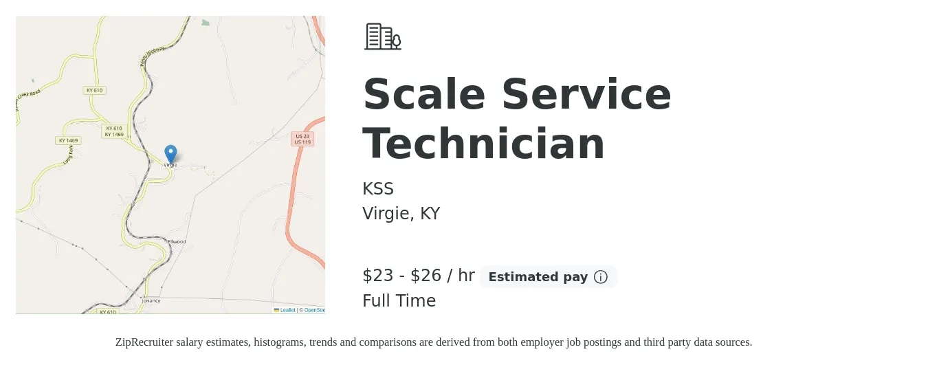 KSS job posting for a Scale Service Technician in Virgie, KY with a salary of $24 to $28 Hourly with a map of Virgie location.