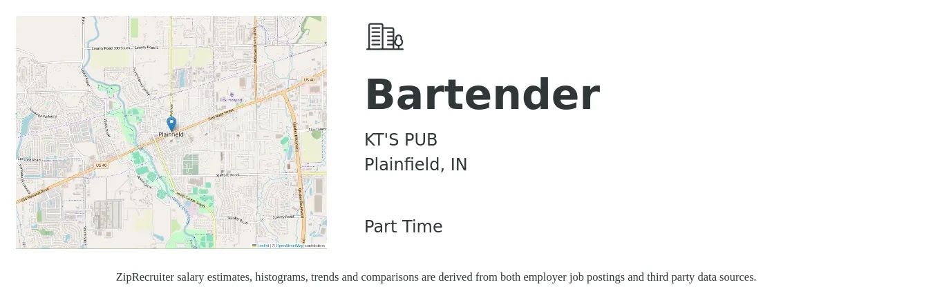 KT'S PUB job posting for a Bartender in Plainfield, IN with a salary of $10 to $18 Hourly with a map of Plainfield location.