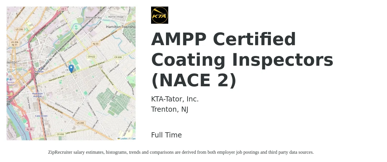 KTA-Tator, Inc. job posting for a AMPP Certified Coating Inspectors (NACE 2) in Trenton, NJ with a salary of $23 to $40 Hourly with a map of Trenton location.