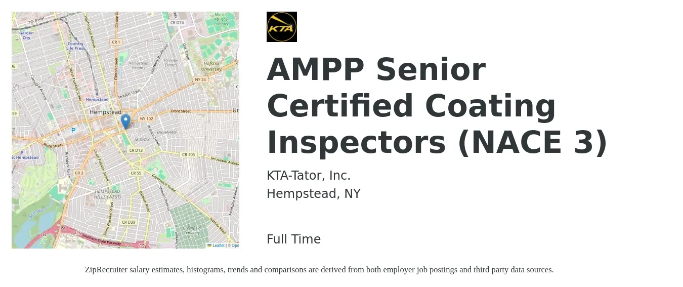 KTA-Tator, Inc. job posting for a AMPP Senior Certified Coating Inspectors (NACE 3) in Hempstead, NY with a salary of $29 to $44 Hourly with a map of Hempstead location.