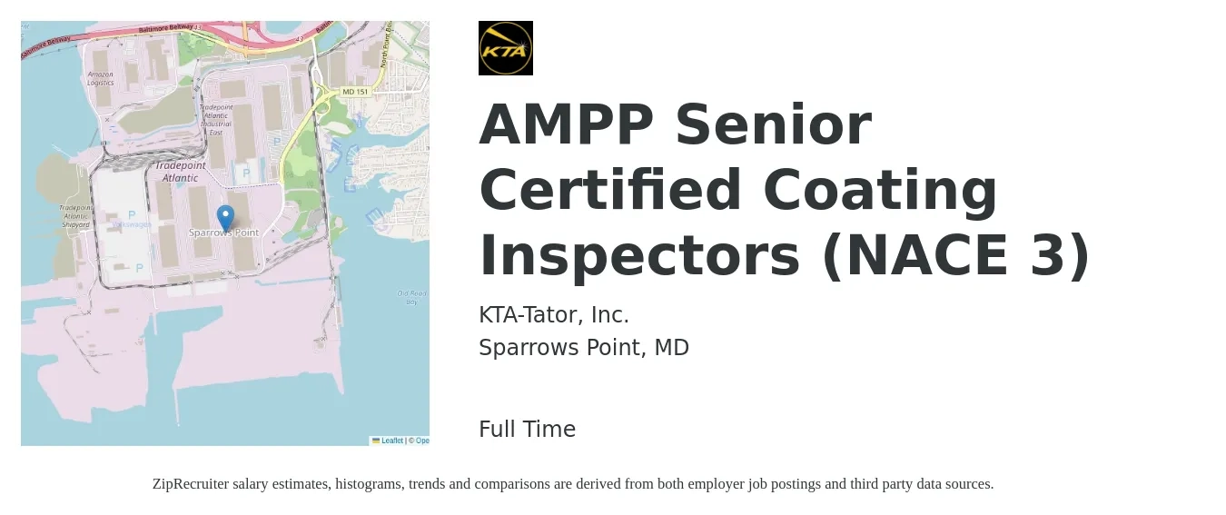 KTA-Tator, Inc. job posting for a AMPP Senior Certified Coating Inspectors (NACE 3) in Sparrows Point, MD with a salary of $31 to $46 Hourly with a map of Sparrows Point location.