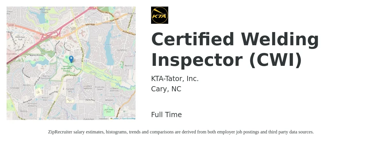 KTA-Tator, Inc. job posting for a Certified Welding Inspector (CWI) in Cary, NC with a salary of $26 to $36 Hourly with a map of Cary location.