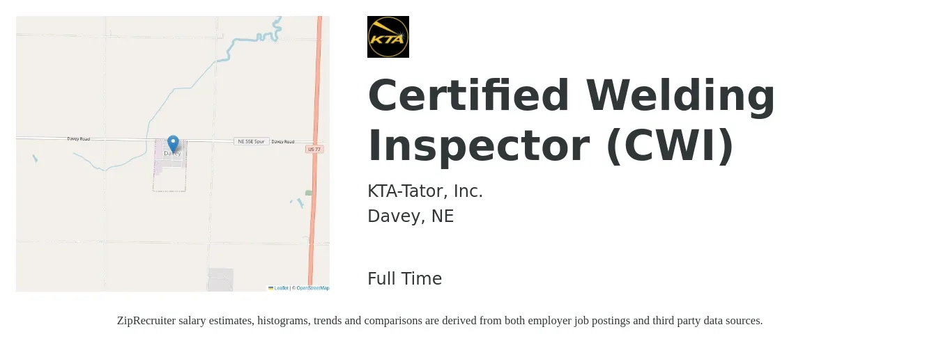KTA-Tator, Inc. job posting for a Certified Welding Inspector (CWI) in Davey, NE with a salary of $26 to $36 Hourly with a map of Davey location.
