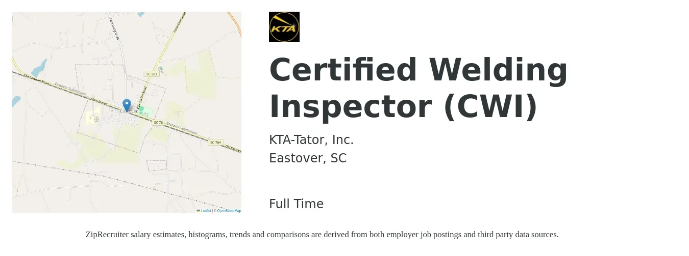 KTA-Tator, Inc. job posting for a Certified Welding Inspector (CWI) in Eastover, SC with a salary of $26 to $36 Hourly with a map of Eastover location.