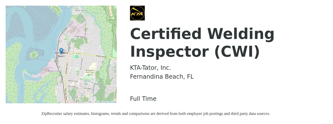 KTA-Tator, Inc. job posting for a Certified Welding Inspector (CWI) in Fernandina Beach, FL with a salary of $26 to $36 Hourly with a map of Fernandina Beach location.