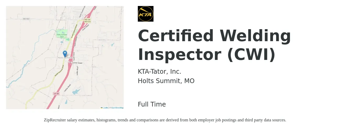 KTA-Tator, Inc. job posting for a Certified Welding Inspector (CWI) in Holts Summit, MO with a salary of $27 to $36 Hourly with a map of Holts Summit location.