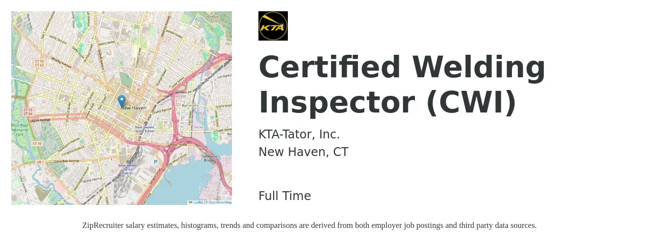 KTA-Tator, Inc. job posting for a Certified Welding Inspector (CWI) in New Haven, CT with a salary of $28 to $38 Hourly with a map of New Haven location.