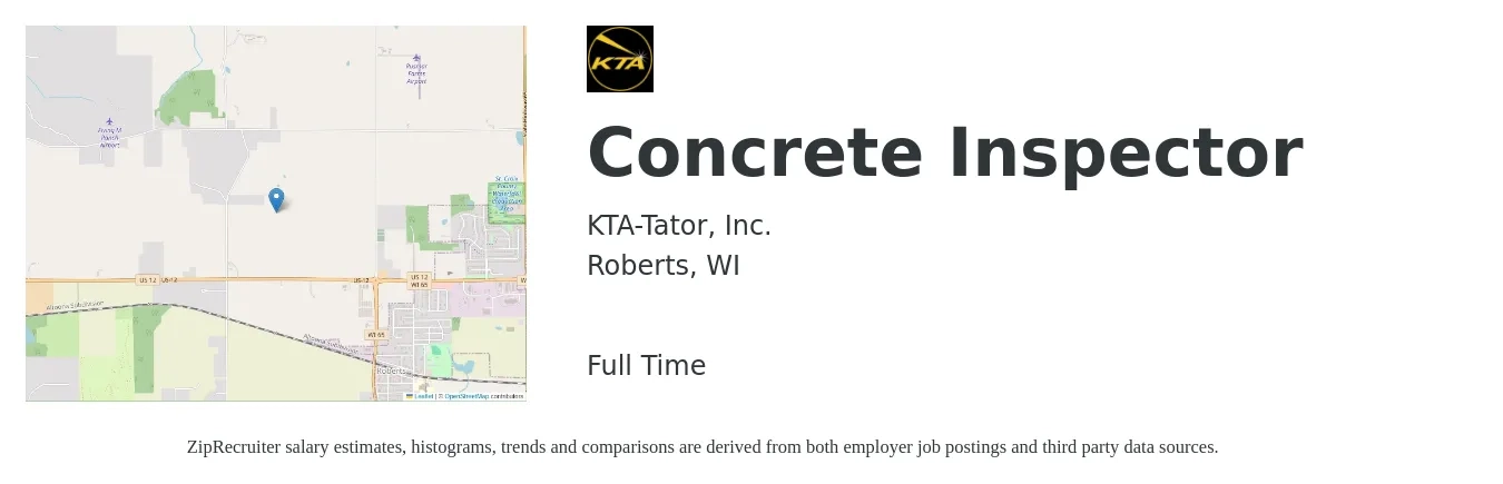 KTA-Tator, Inc. job posting for a Concrete Inspector in Roberts, WI with a salary of $20 to $40 Hourly with a map of Roberts location.