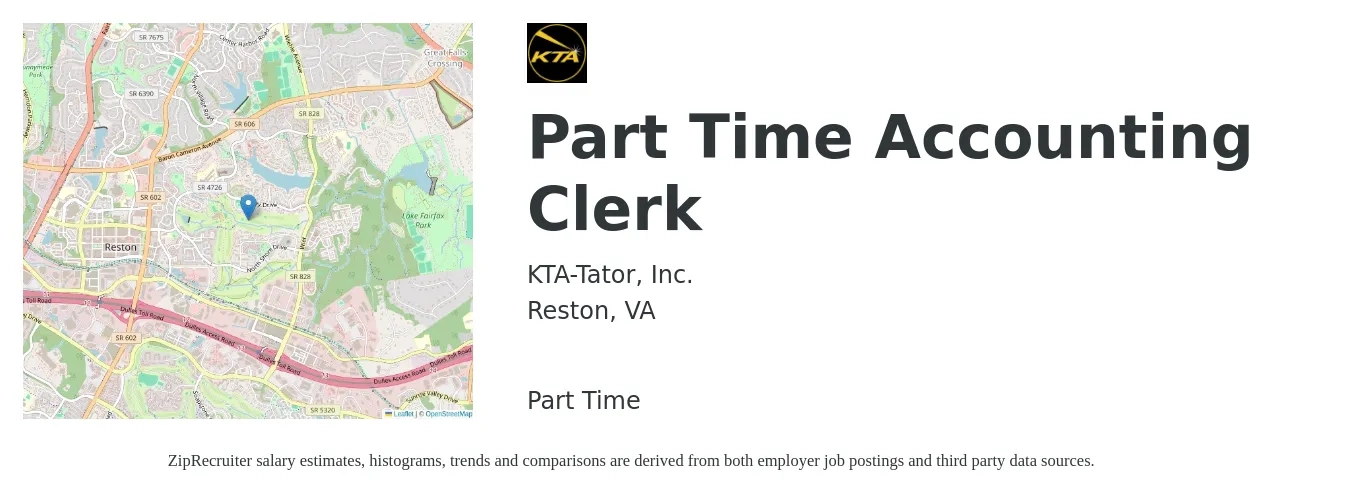 KTA-Tator, Inc. job posting for a Part Time Accounting Clerk in Reston, VA with a salary of $19 to $25 Hourly with a map of Reston location.
