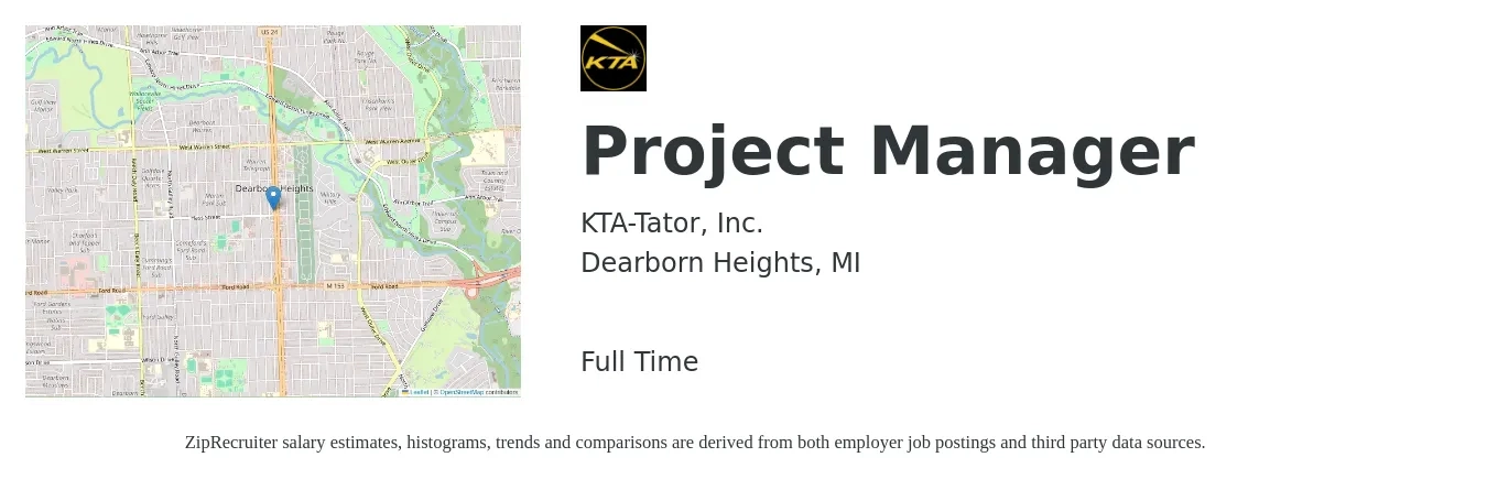 KTA-Tator, Inc. job posting for a Project Manager in Dearborn Heights, MI with a salary of $72,400 to $113,400 Yearly with a map of Dearborn Heights location.