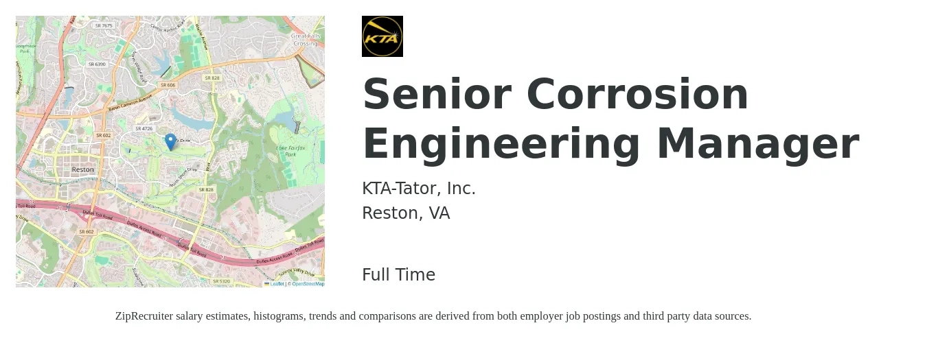 KTA-Tator, Inc. job posting for a Senior Corrosion Engineering Manager in Reston, VA with a salary of $118,300 to $169,900 Yearly with a map of Reston location.