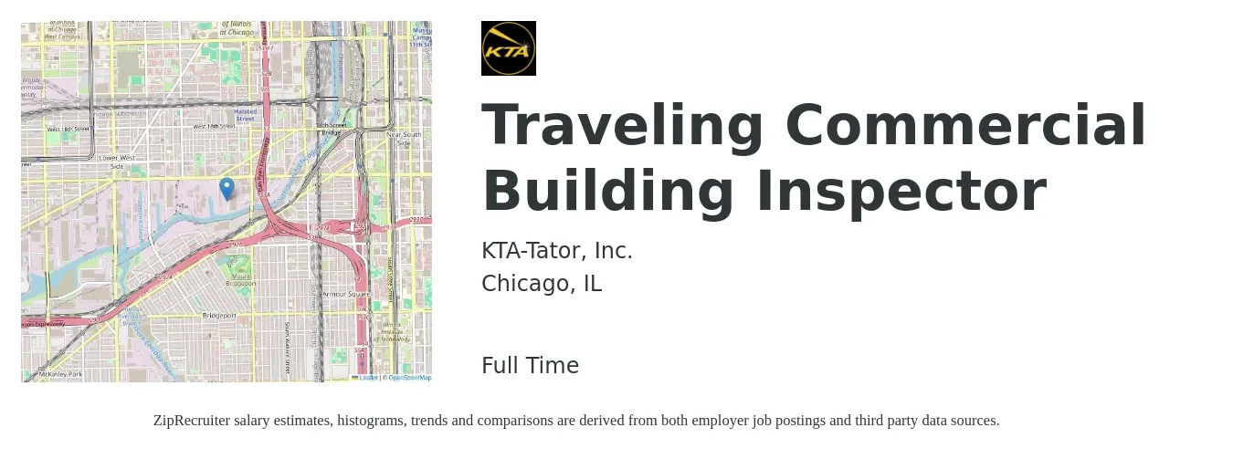KTA-Tator, Inc. job posting for a Traveling Commercial Building Inspector in Chicago, IL with a salary of $55,600 to $83,400 Yearly with a map of Chicago location.