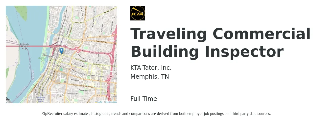 KTA-Tator, Inc. job posting for a Traveling Commercial Building Inspector in Memphis, TN with a salary of $48,200 to $72,300 Yearly with a map of Memphis location.