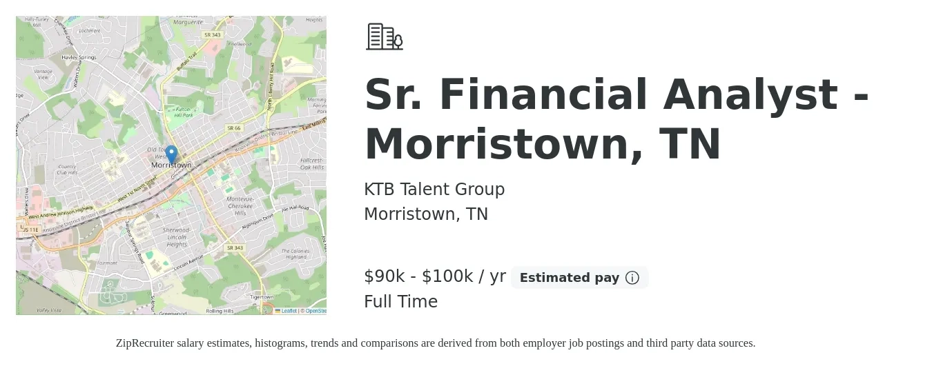 KTB Talent Group job posting for a Sr. Financial Analyst - Morristown, TN in Morristown, TN with a salary of $90,000 to $100,000 Yearly with a map of Morristown location.